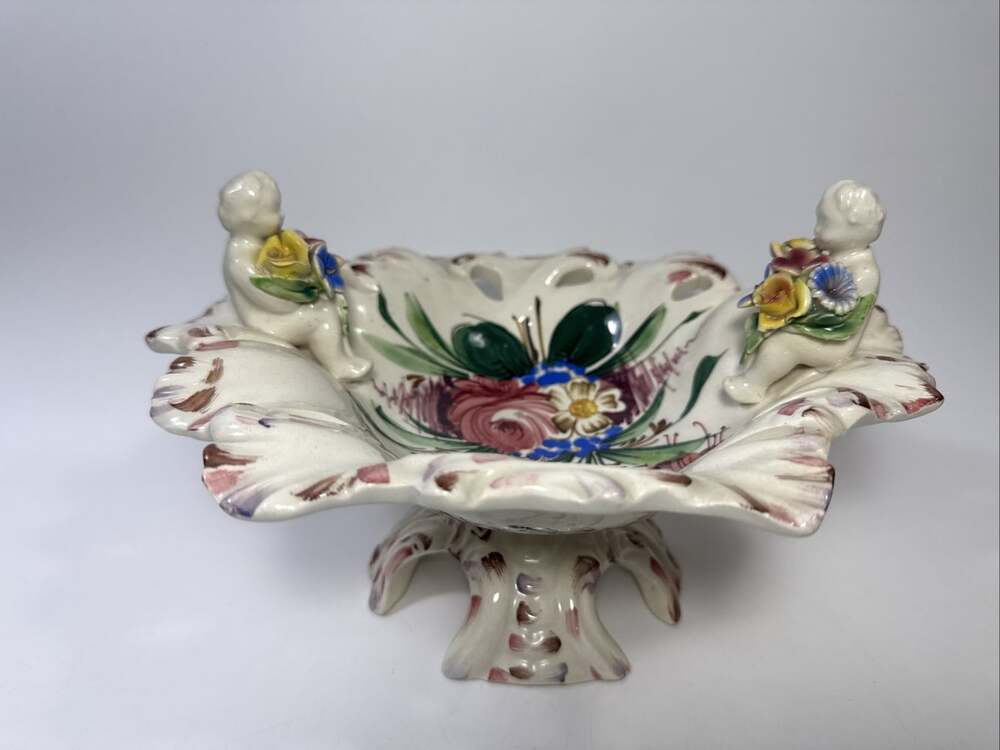 Hand Painted Ceramic Footed Centerpiece Bowl Made In Italy w/Cherubs & Flowers